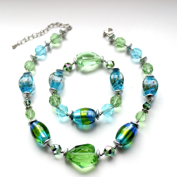 Art glass blue green beaded choker necklace and bracelet set lampwork Murano - Picture 2 of 8